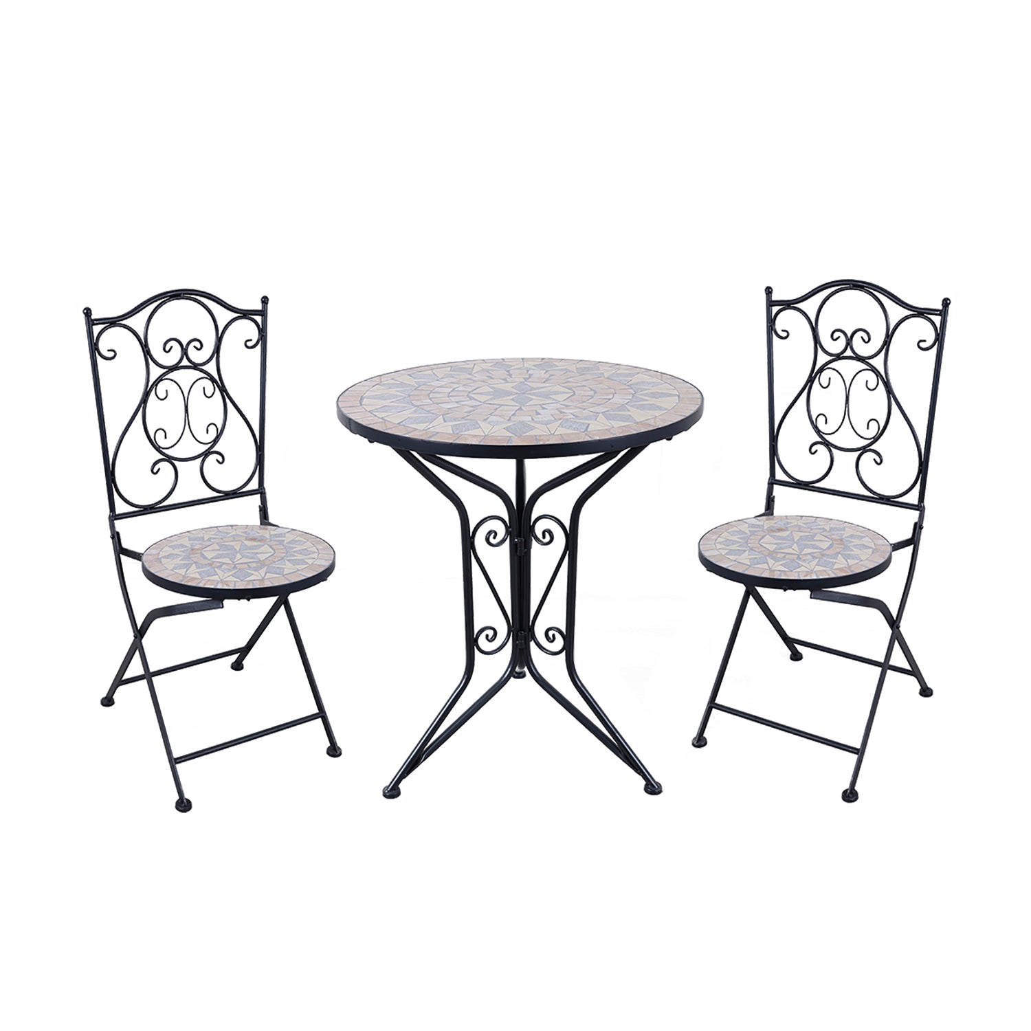 VESTIAMO CASA GIARDINO - Set giardino Bistrot tavolo rotondo 60 cm e 2 sedie in metallo Nero e Top in ceramica Effetto Mosaico